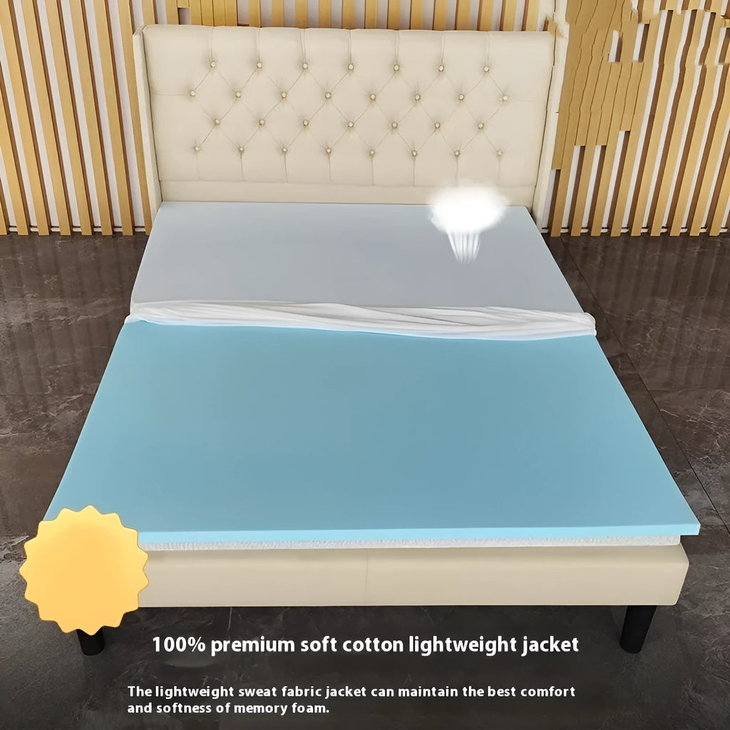 Thin gel memory cotton tatami mattress showing slow rebound texture on a wooden floor.