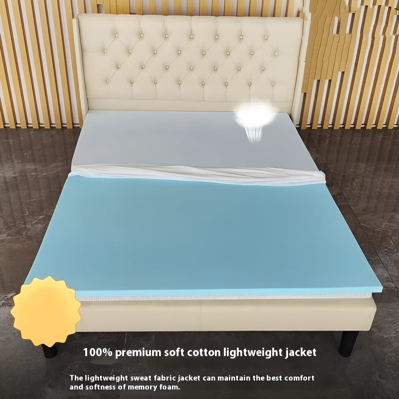 Thin gel memory cotton tatami mattress showing slow rebound texture on a wooden floor.
