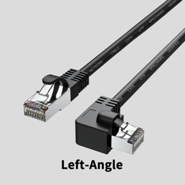Cat6 Ethernet cable with right-angle metal RJ45 connector in black, shown alongside length and colour options.