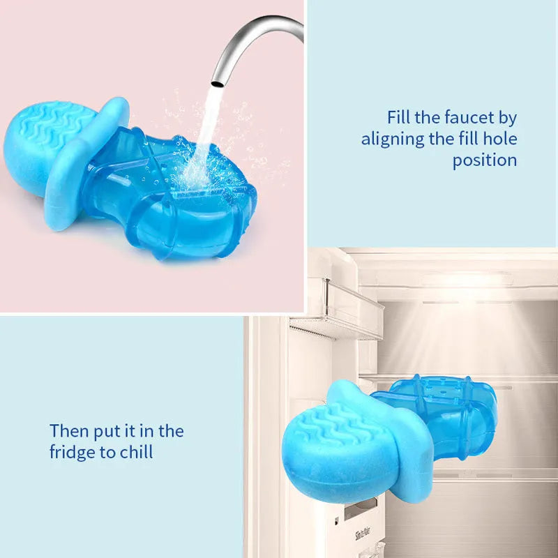Set of three water-filled dog cooling toys: a blue pacifier, a red popsicle, and a green ring shape.