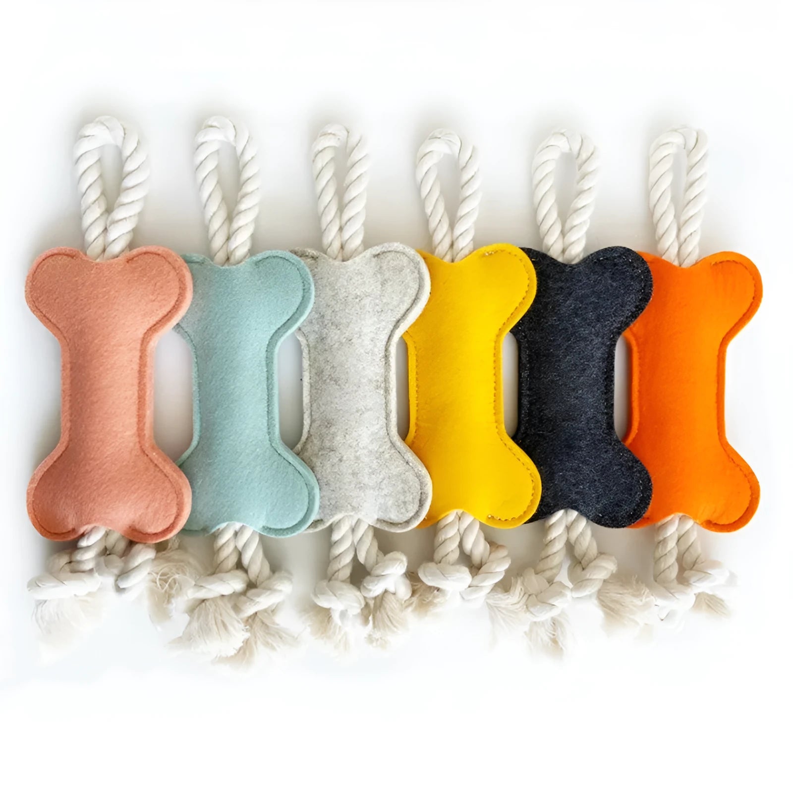 Felt bone shaped dog chew toy with rope knot texture in blue colour