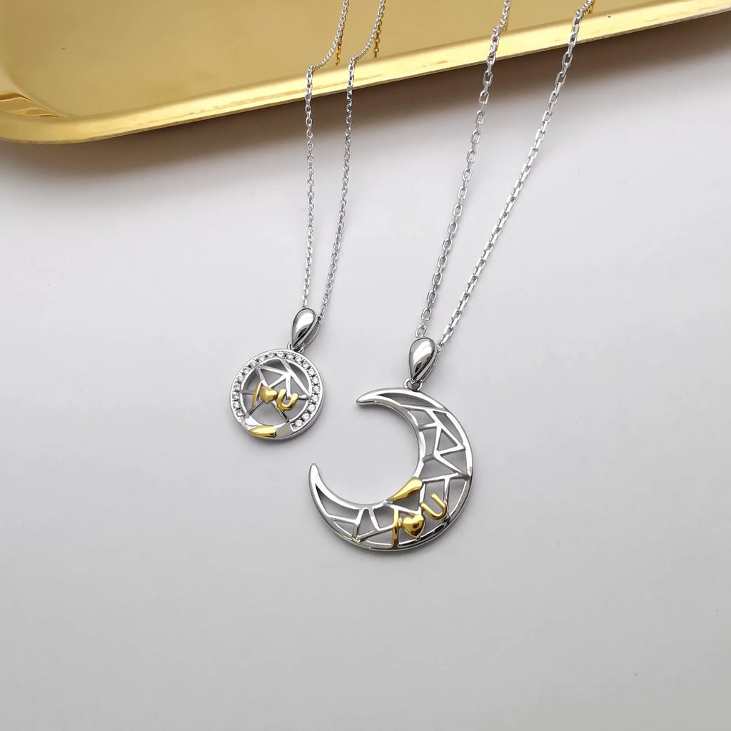 Sun and moon copper couple necklace set with electroplated finish on cross chain