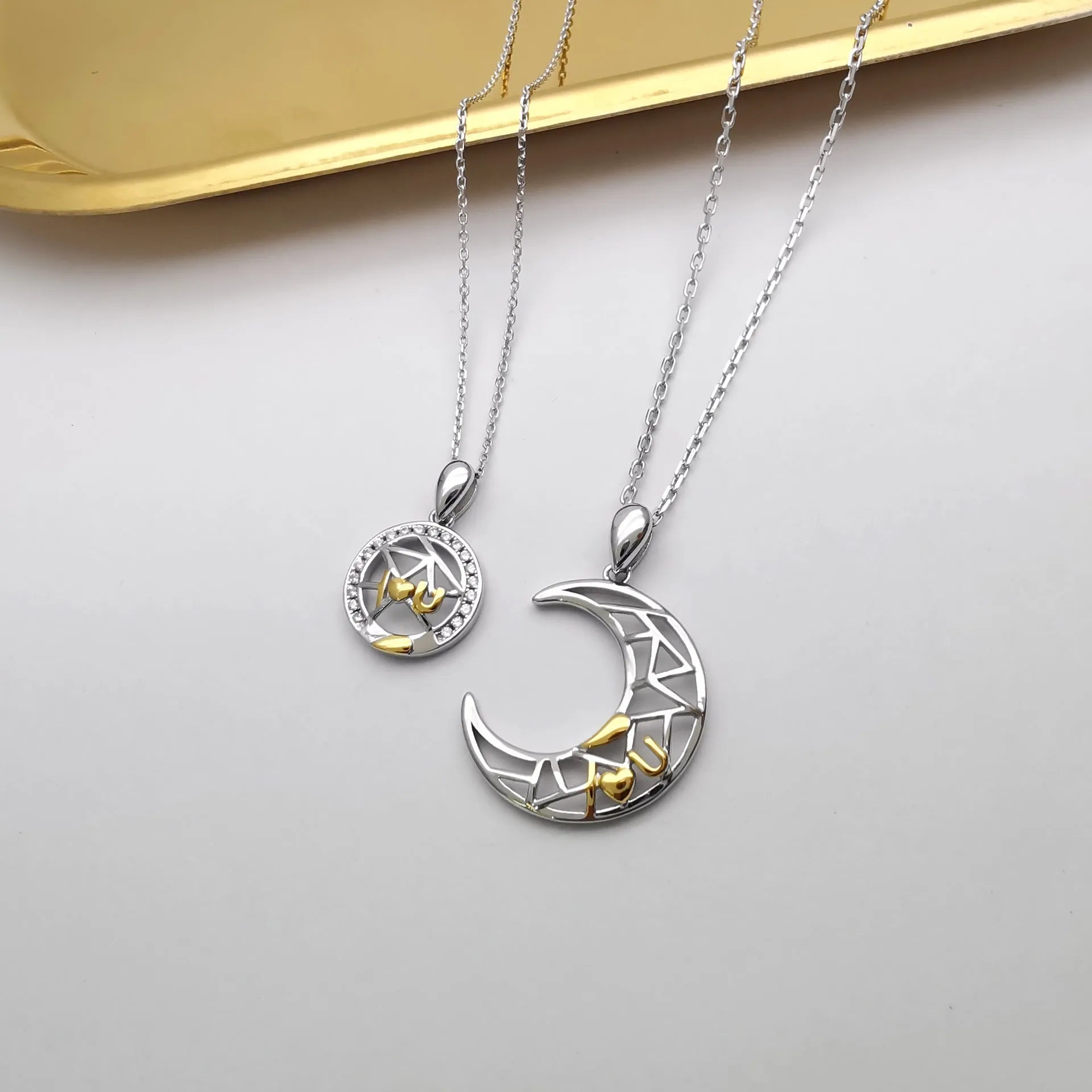 Sun and moon copper couple necklace set with electroplated finish on cross chain