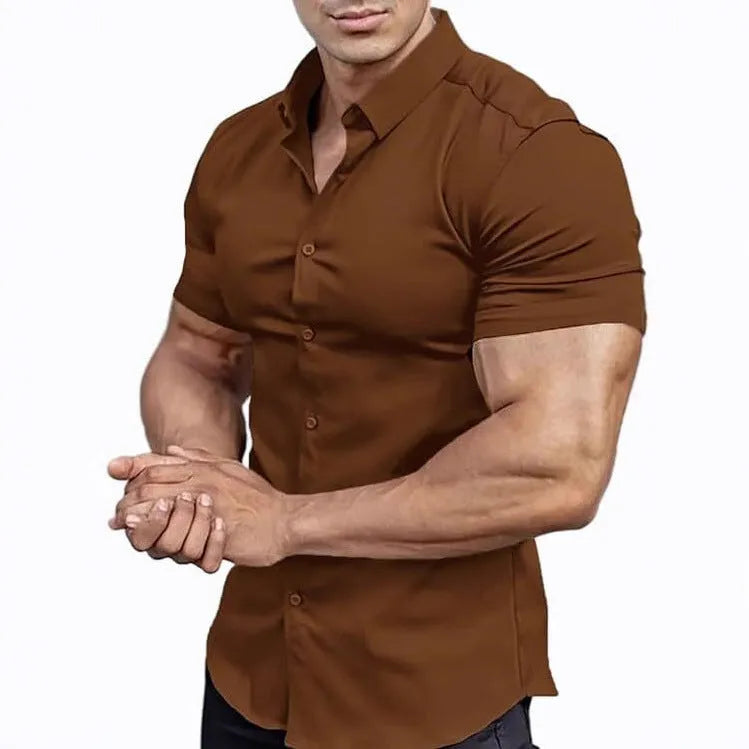 Men's short sleeve printed casual shirt with collar in cardigan style, shown in a dark blue colour.