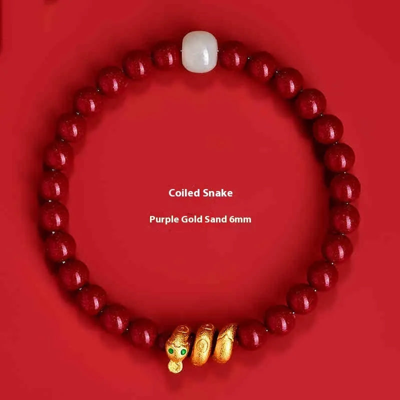 Handmade cinnabar snake zodiac bracelet with roll snake beads in Chinese style