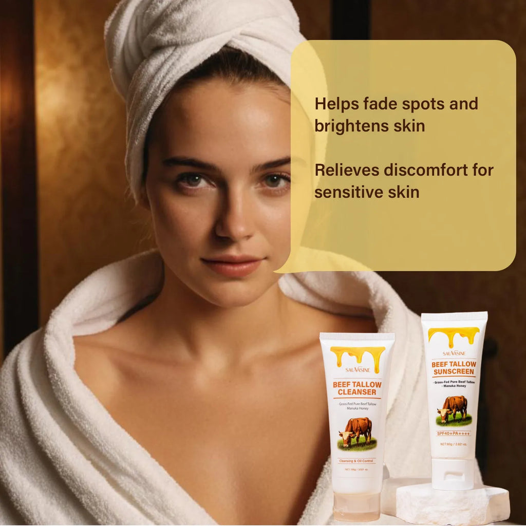 Butter Honey seven-piece facial care set showing cleanser, face cream, lipstick, protective cream, body lotion, facial scrub and beef fat cream