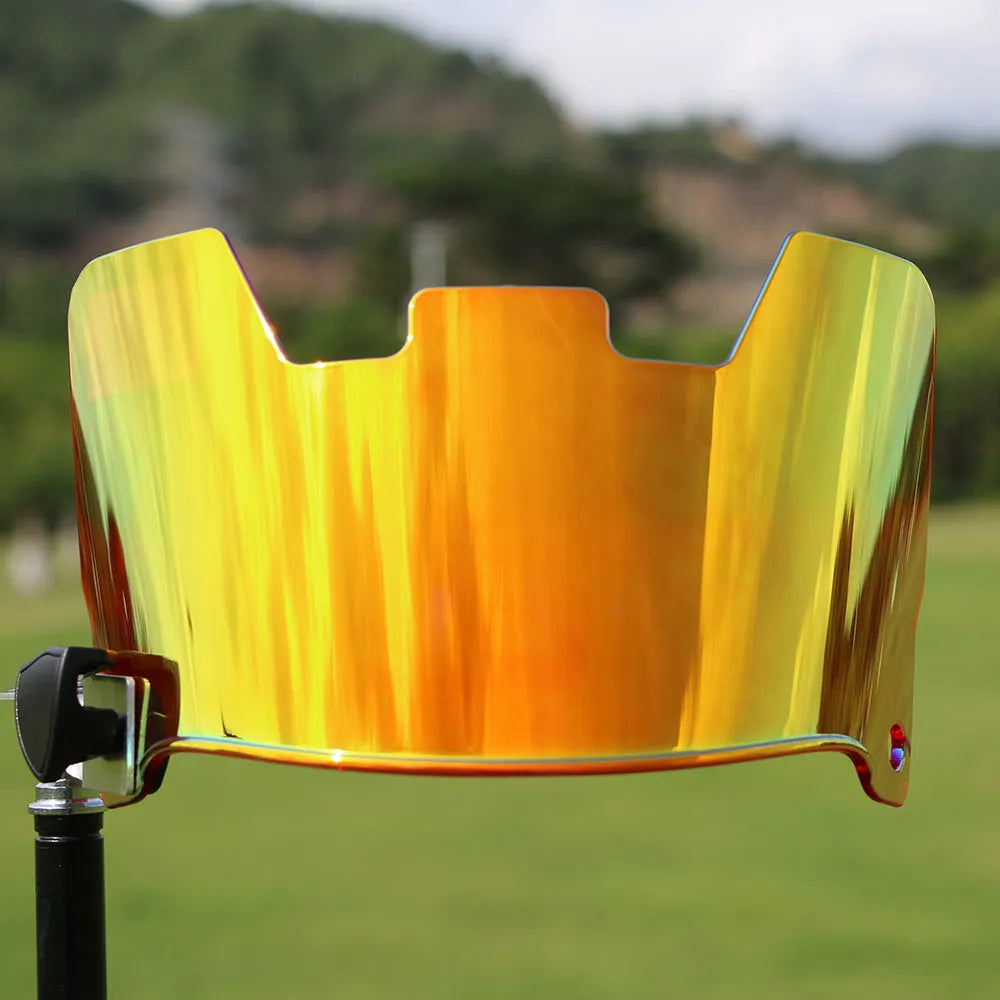 Multicolour American-style rugby helmet goggles shown attached to a helmet for impact protection.