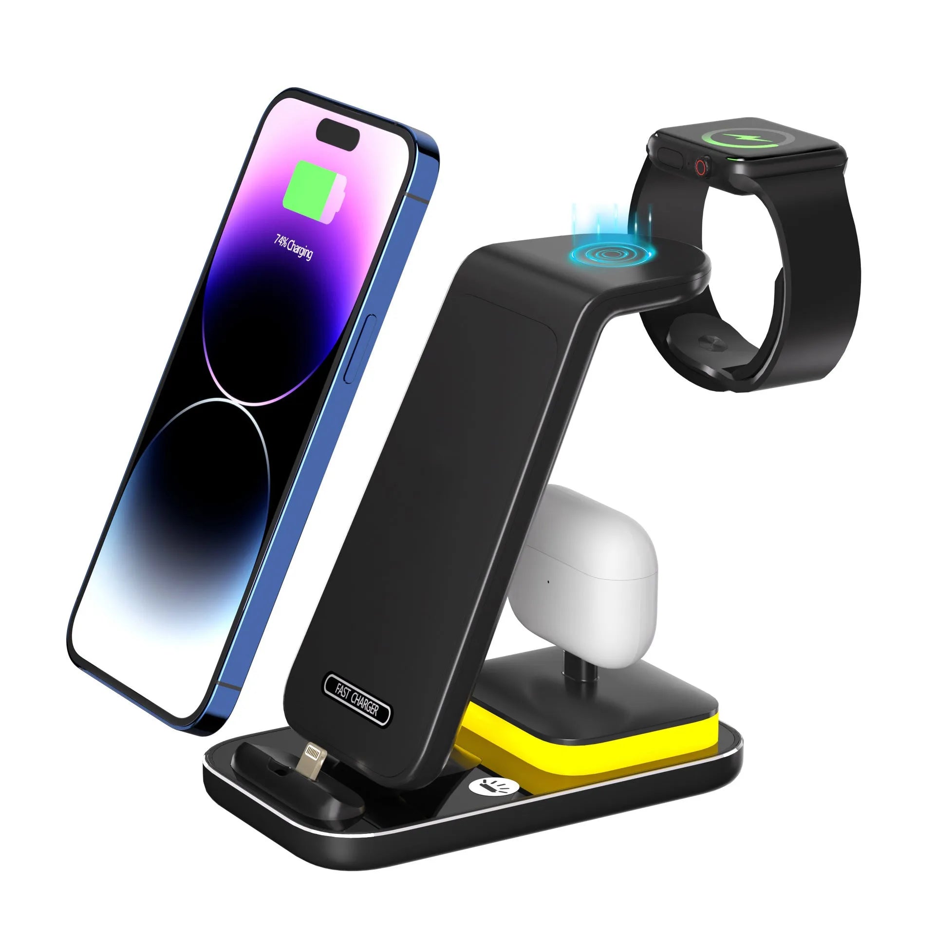 Black vertical wireless charging stand holding a mobile phone and a smartwatch on its base.