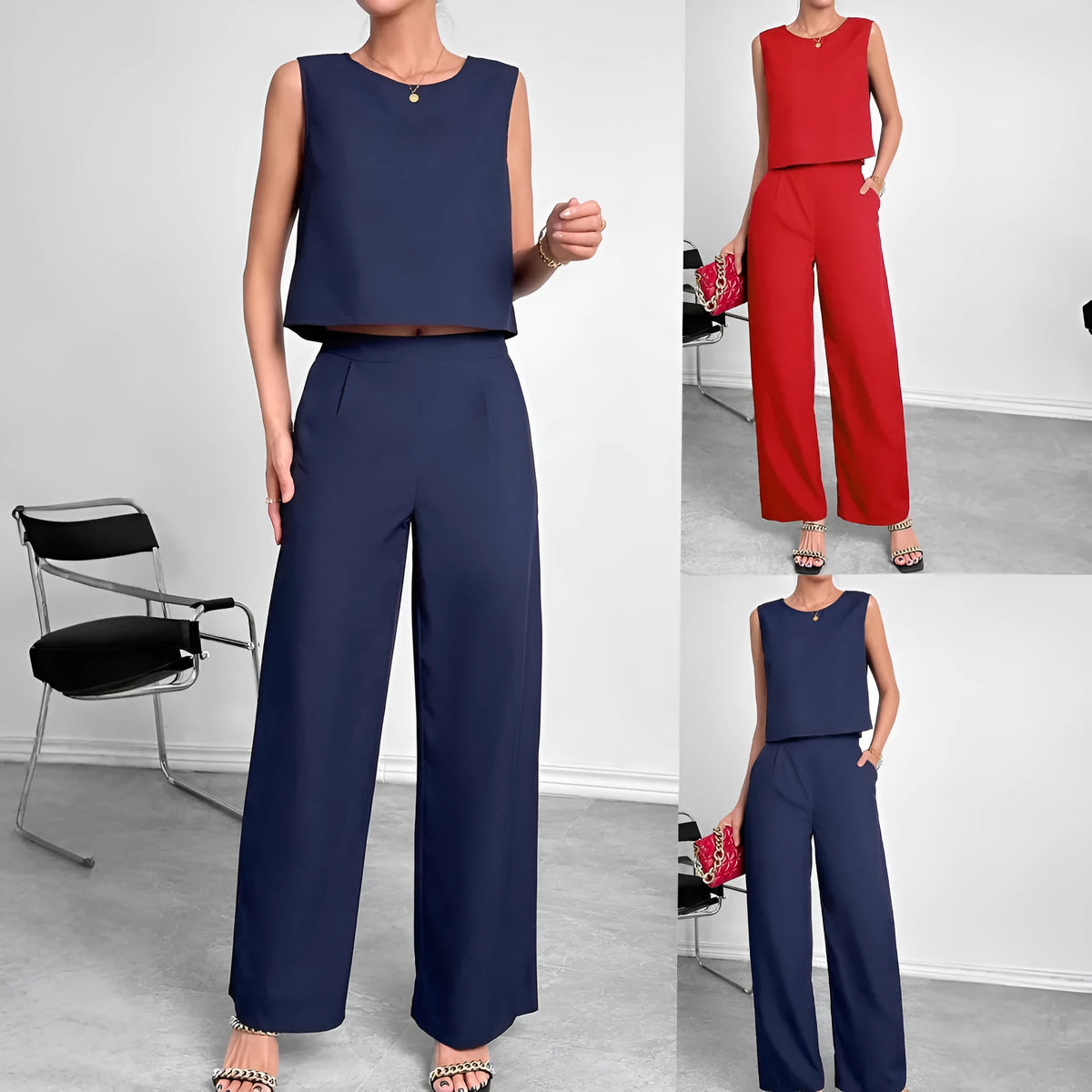 Women's red polyester lounge set featuring sleeveless round neck top and wide leg pants