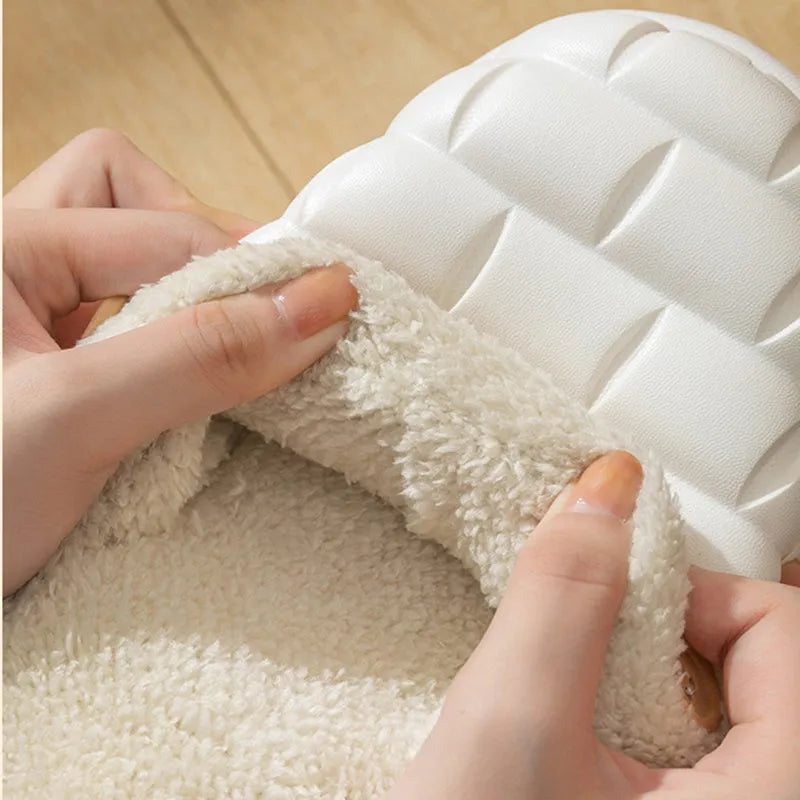 Women's detachable plush-lined EVA slippers in pink with non-slip soles for winter indoor wear