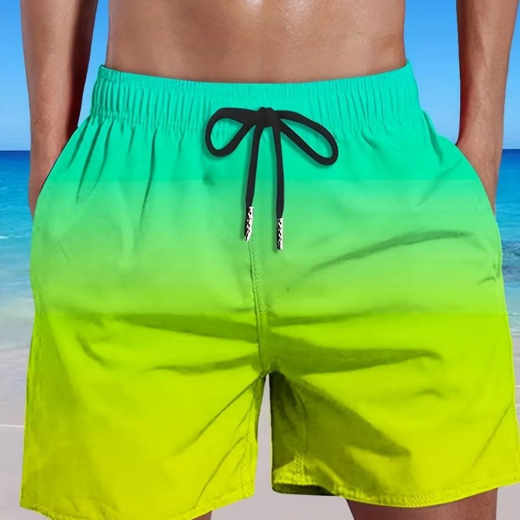 Men's grey gradient print mesh sports shorts on a white background.