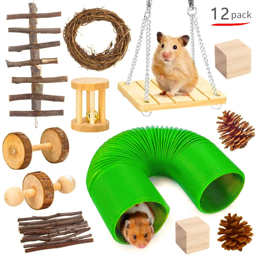 Wooden chew toy bundle for small pets including rabbits, with straw mats and natural woven balls.