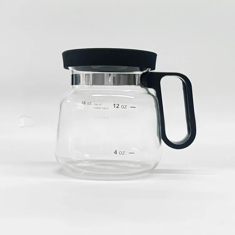 Transparent borosilicate glass coffee maker with silicone cover showing 355-473ml capacity