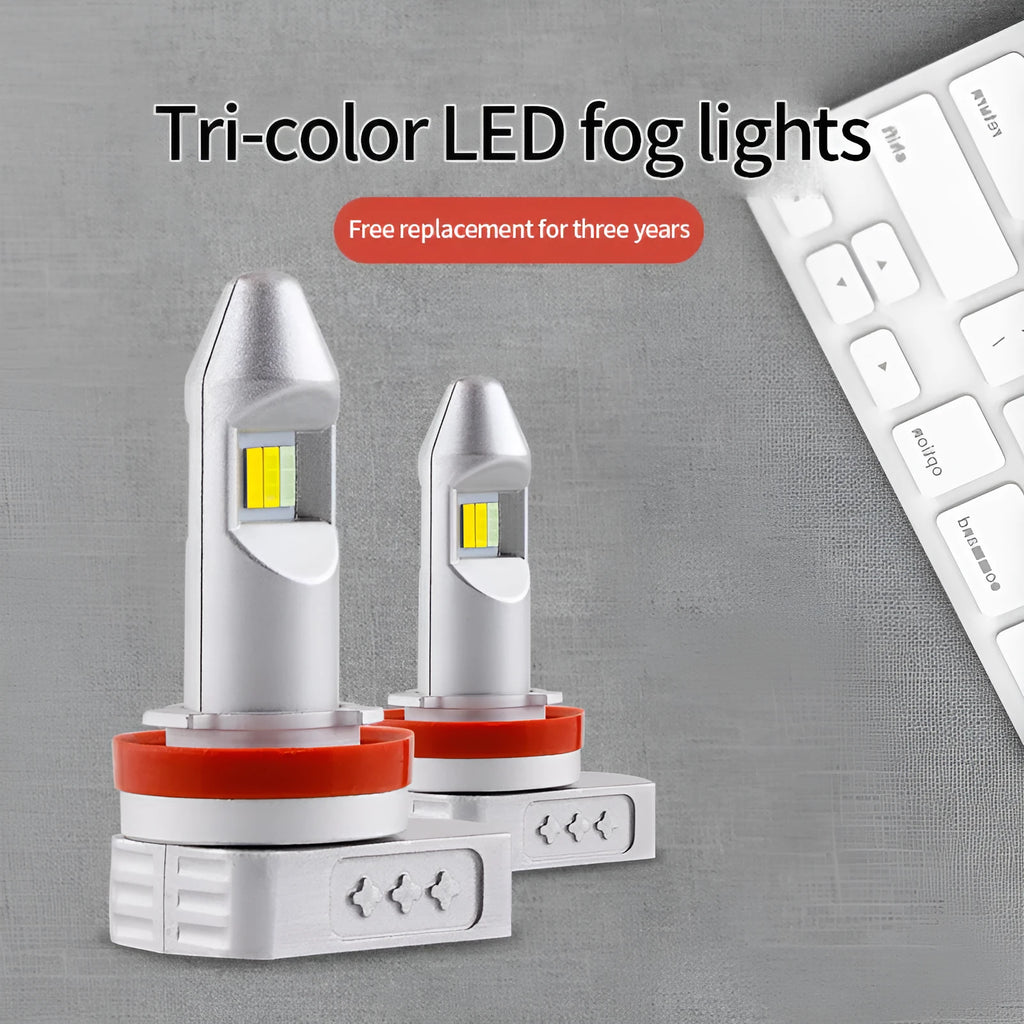 Universal three-colour LED fog lamp bulb with aluminium housing for cars, motorcycles and trucks.