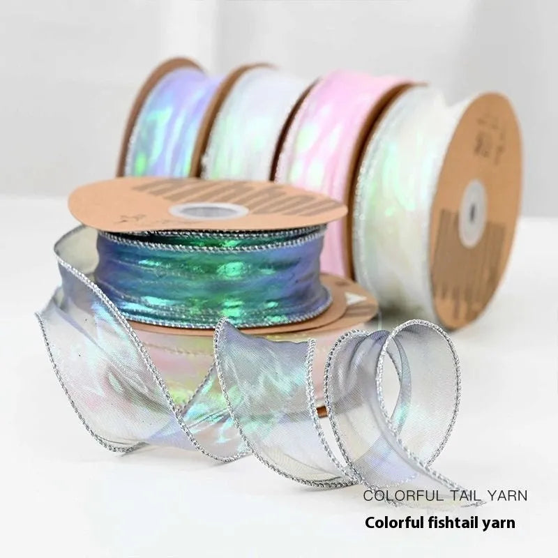 Colourful fishtail yarn floral mesh ribbon in 4cm width showing wave pattern and eight colour options