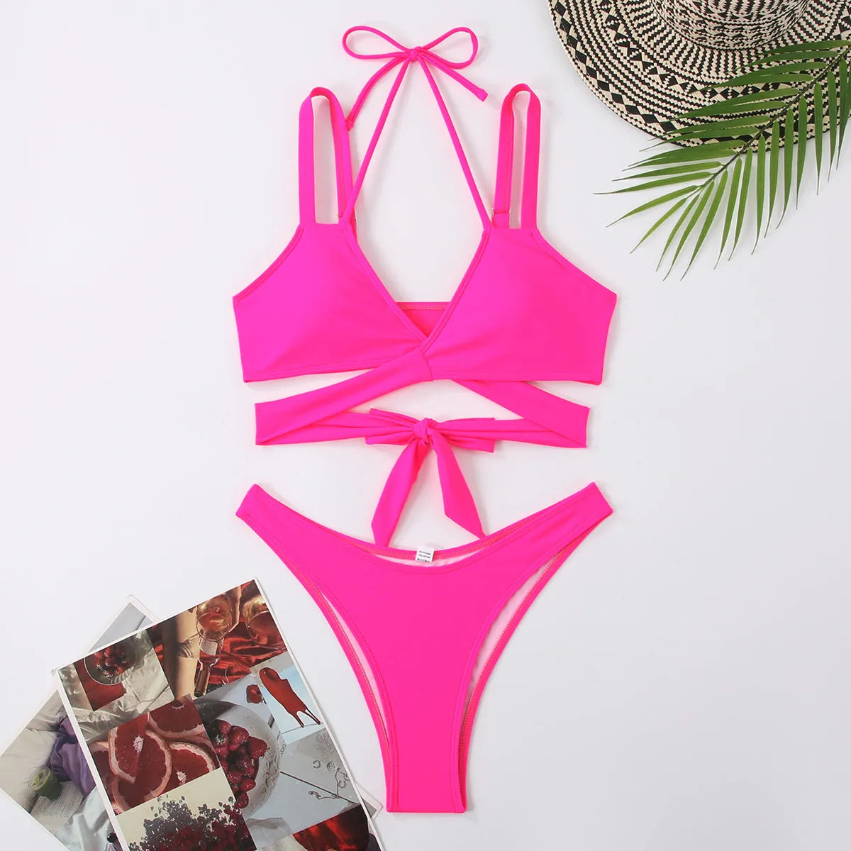 Women's solid colour strap bikini swimsuit on a white background.