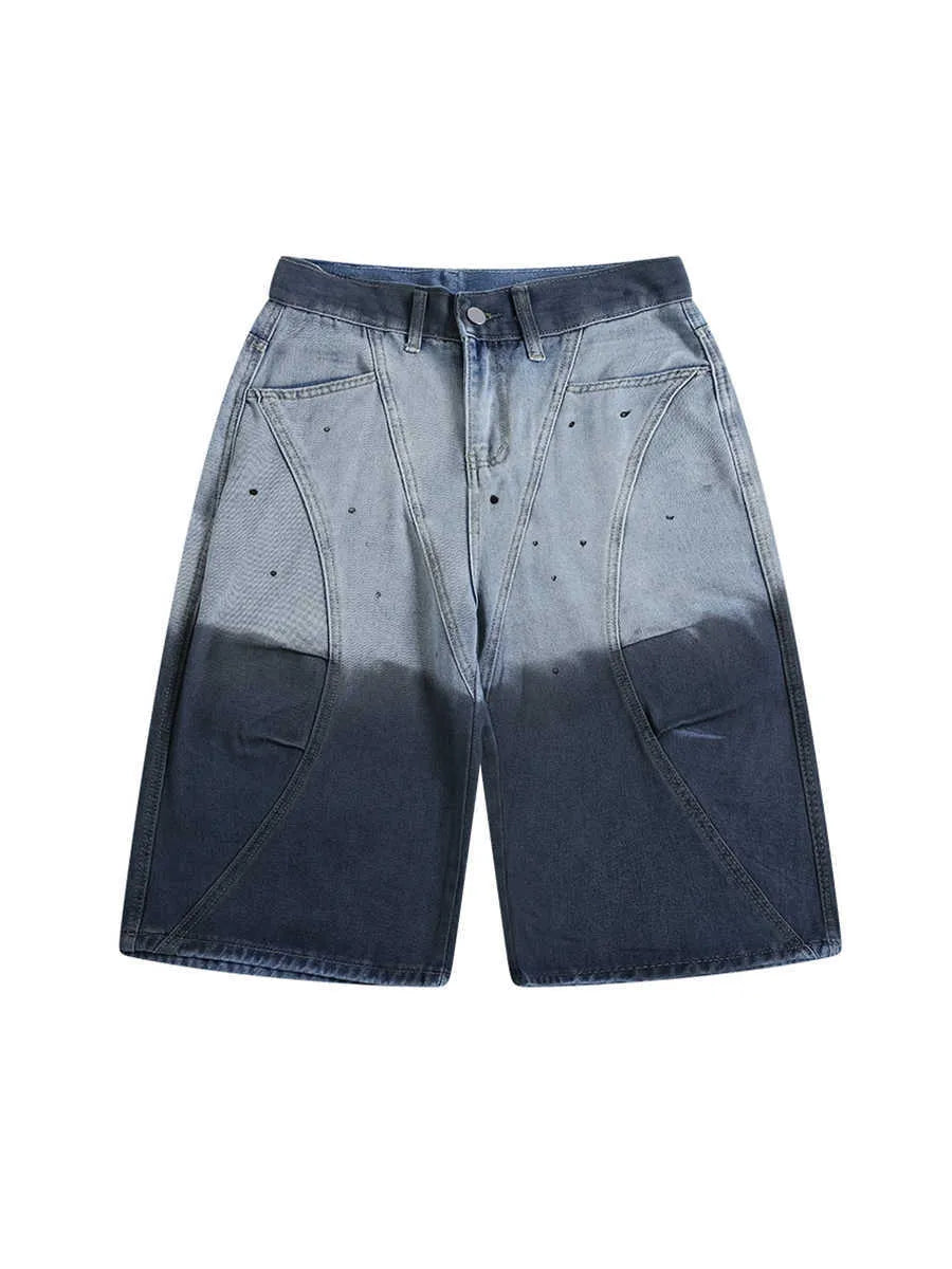 Blue tie-dye gradient cropped jeans with loose casual fit and washed-out finish