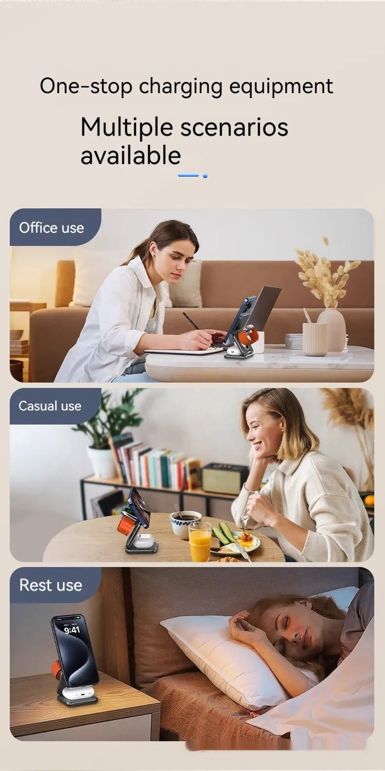 Foldable magnetic wireless charger mobile phone holder in black showing phone charging at viewing angle