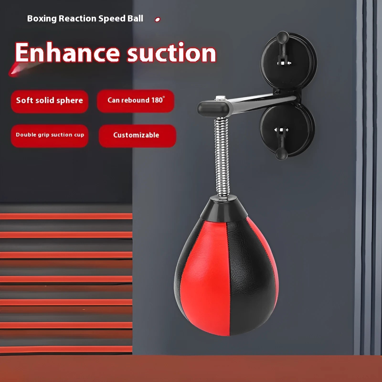 Pear-shaped boxing speed ball with double suction cup mounting and red/black ball head