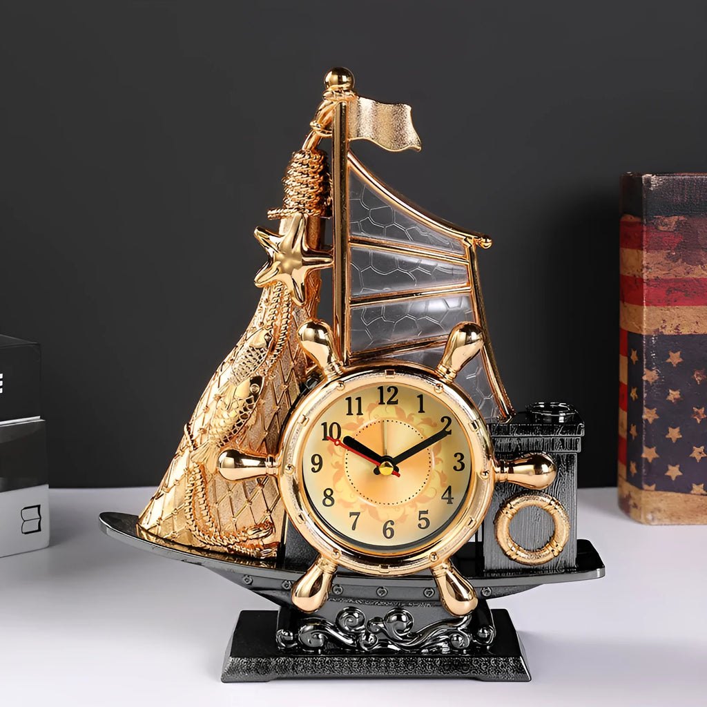 Gold or silver bedroom alarm clock with plastic construction on bedside table