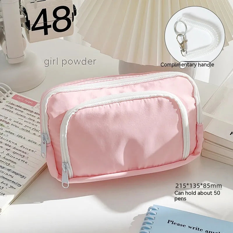 Double layer pencil case with gift handle in blue, pink, green or cream colours