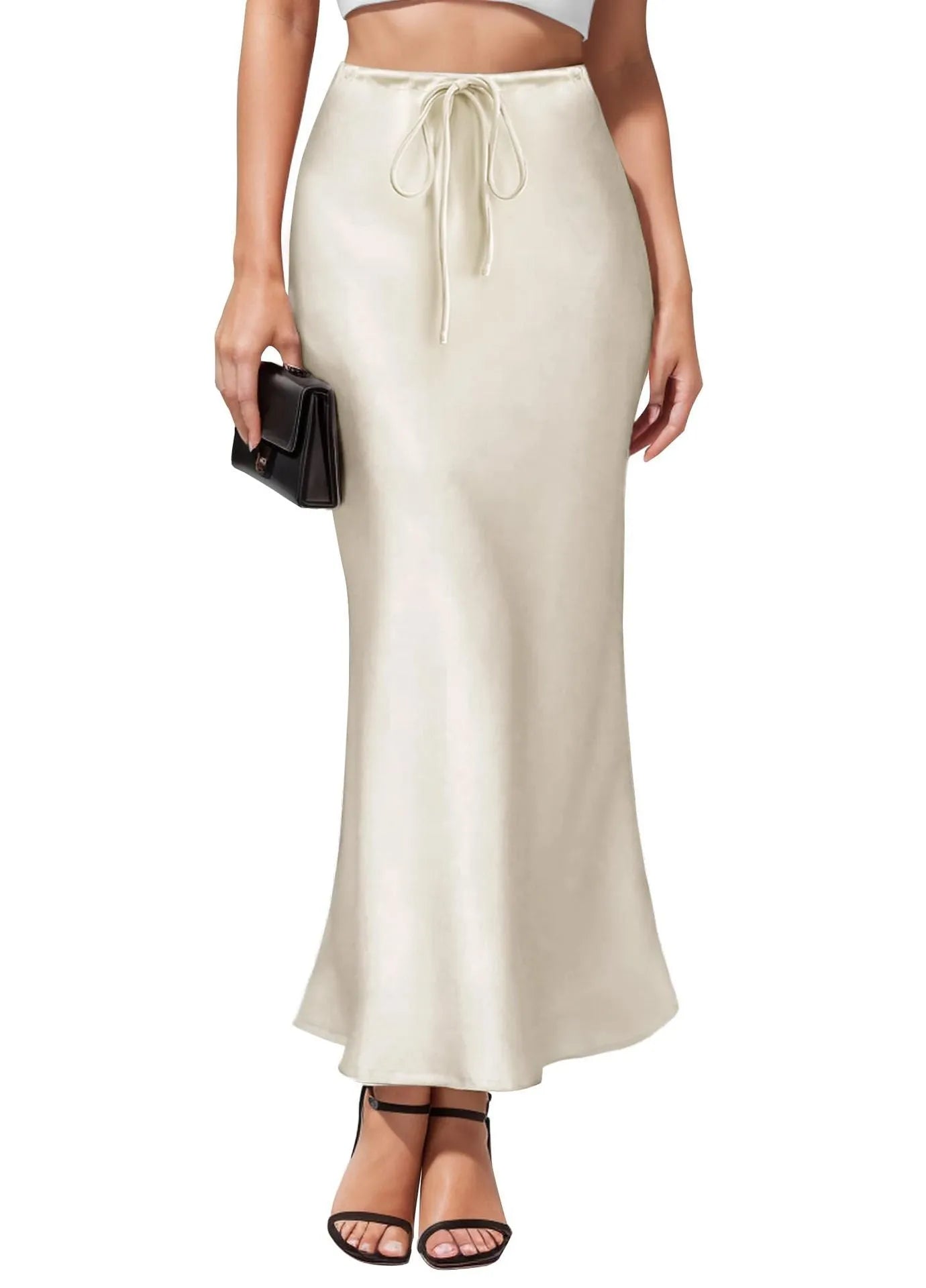 Asymmetric acetate satin skirt with high waist and irregular hemline stitching in six colour options