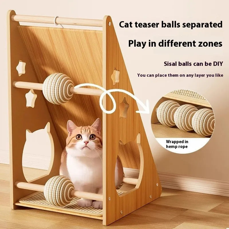 Vertical wall-mounted cat scratch board with sisal surface and hemp rope ball