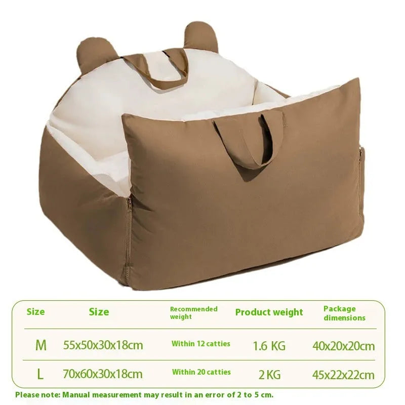 Removable washable dog car kennel in beige, shown in a vehicle boot with size options M and L.