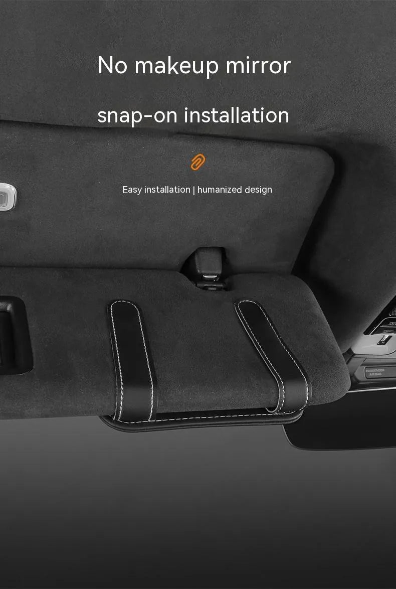 Automotive sun louver card holder in cowhide leather with snap-on clip for vehicle organisation