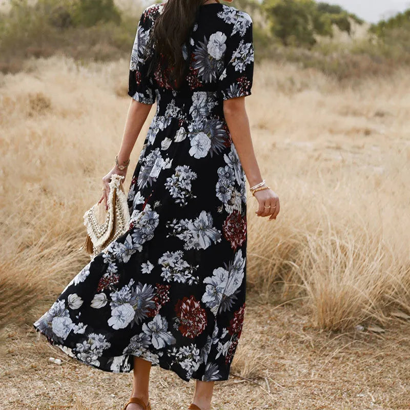 Yellow floral print women's summer dress with V-neck, short sleeves, and elasticated waist