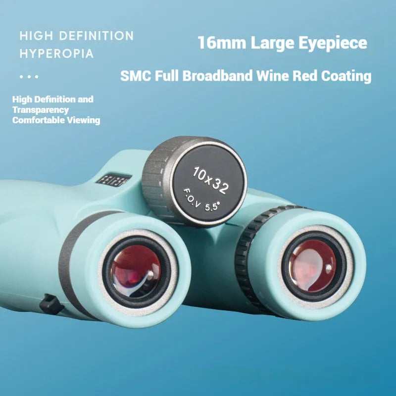 Compact blue or grey 10x32 binoculars with wine red film lenses on a plain background.
