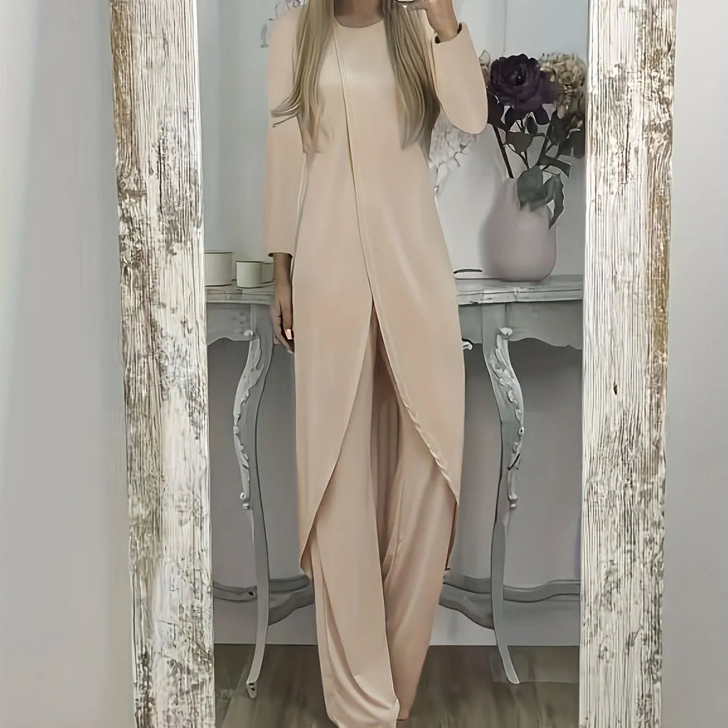 Casual long sleeve two-piece set with loose round neck top and matching trousers in polyester