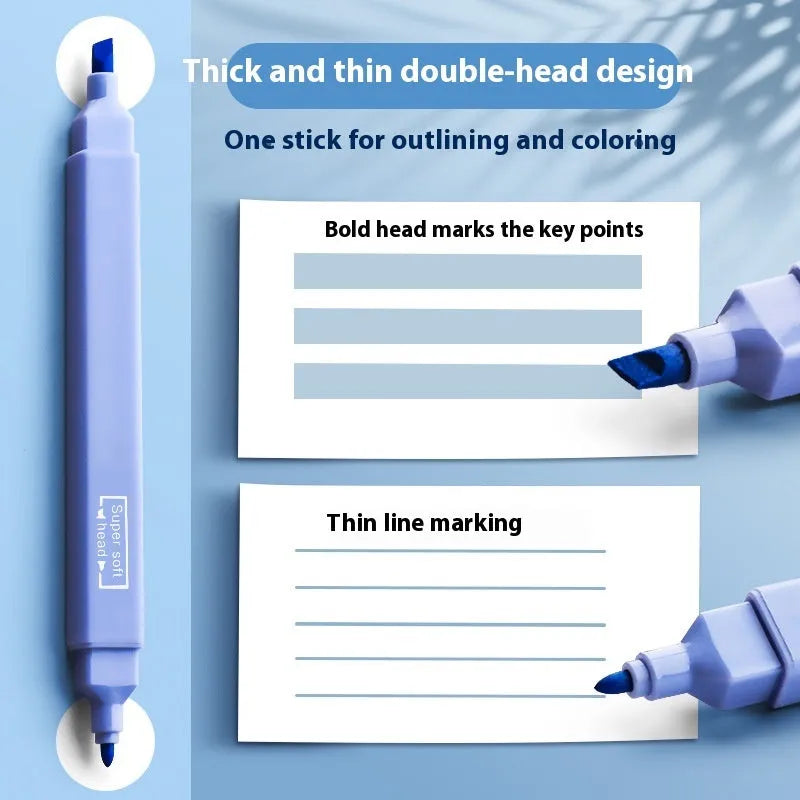 Set of double-headed fluorescent marking pens with refillable cartridges, showing chisel and bullet tips, in a mix of bright colours.