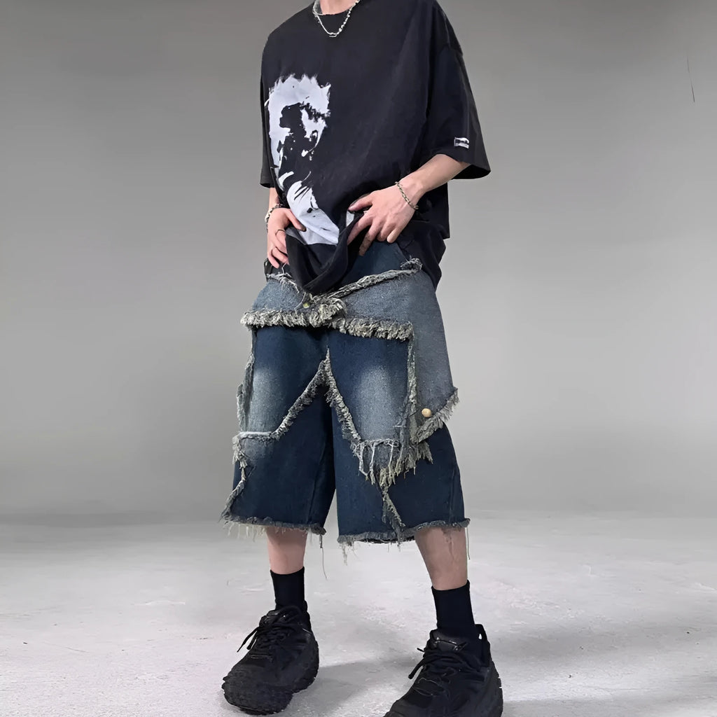 Blue men's denim shorts with frayed five-pointed star design and loose-fit summer styling
