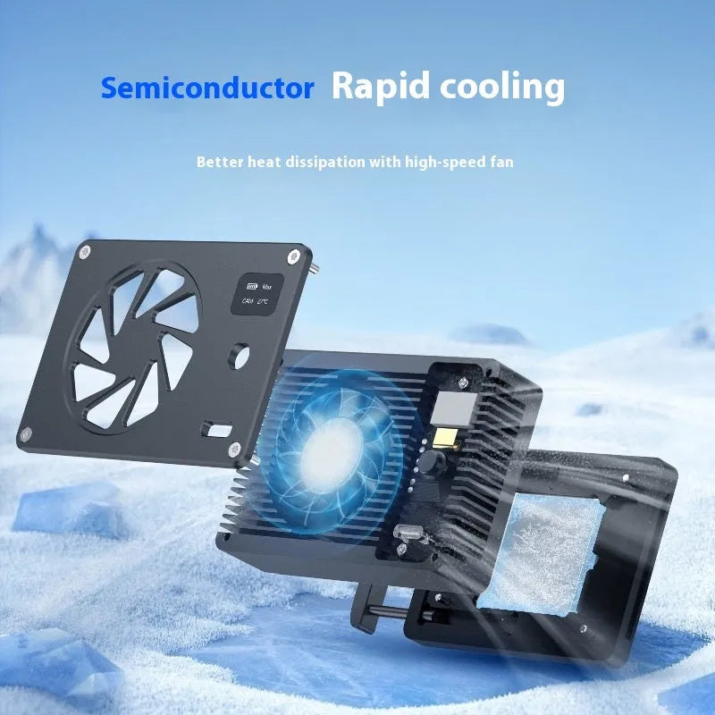 Black aluminium alloy smart cooling radiator with fan, measuring 89mm by 52mm