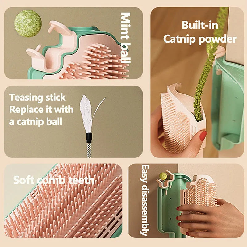 Ice cream shaped cat grooming toy with textured rubbing surface, mint ball and feather attachments
