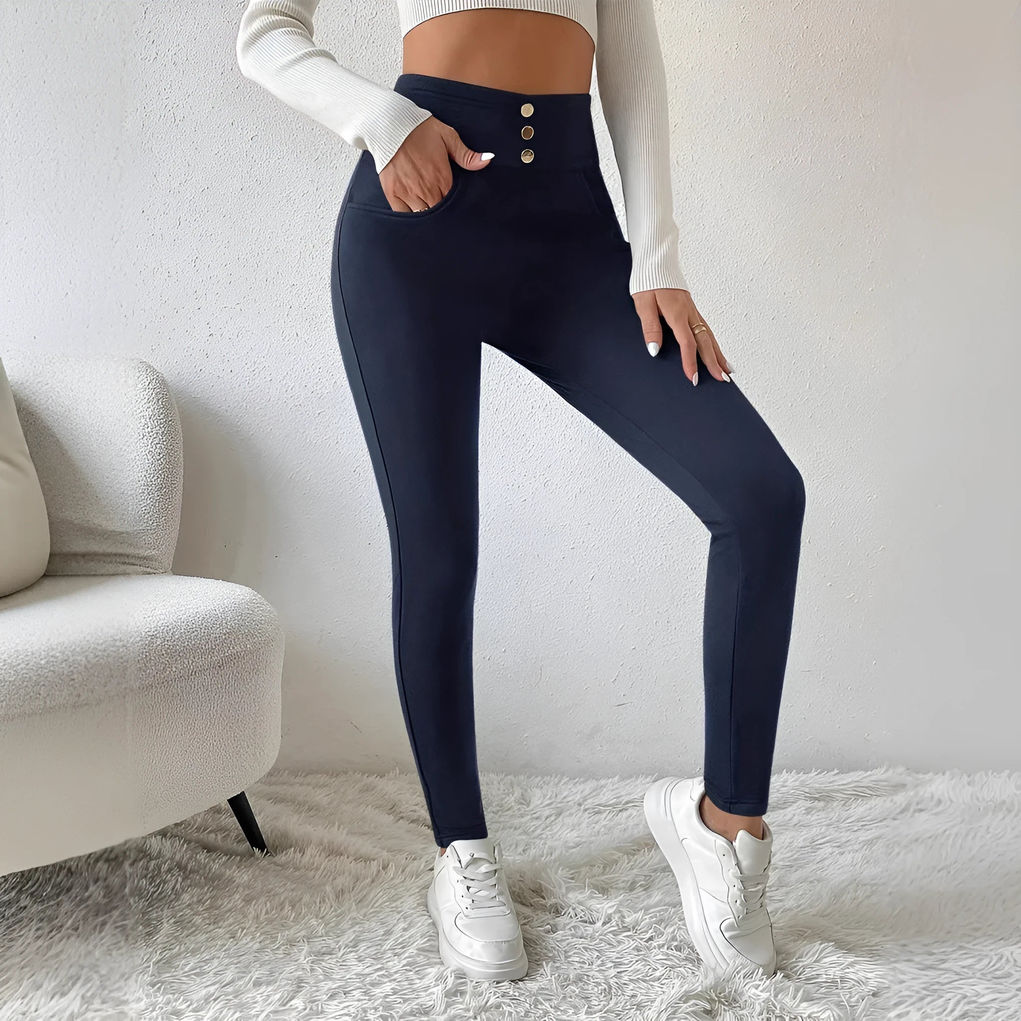 Women's navy blue high waist straight leg trousers with Japanese Korean style casual design