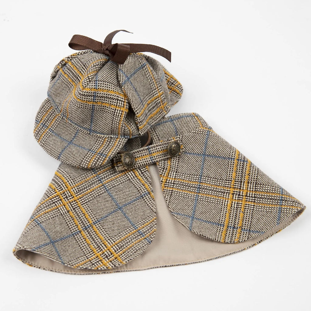 Camel-coloured cotton cloak for a small dog with an adjustable hat, shown in a detective suit style.