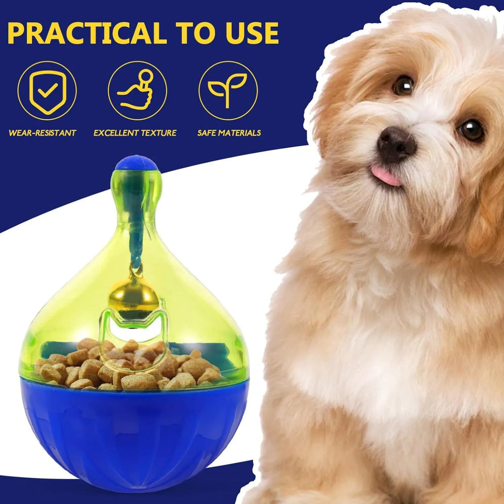 Blue and white tumbler-shaped interactive pet treat dispenser ball for dogs and cats