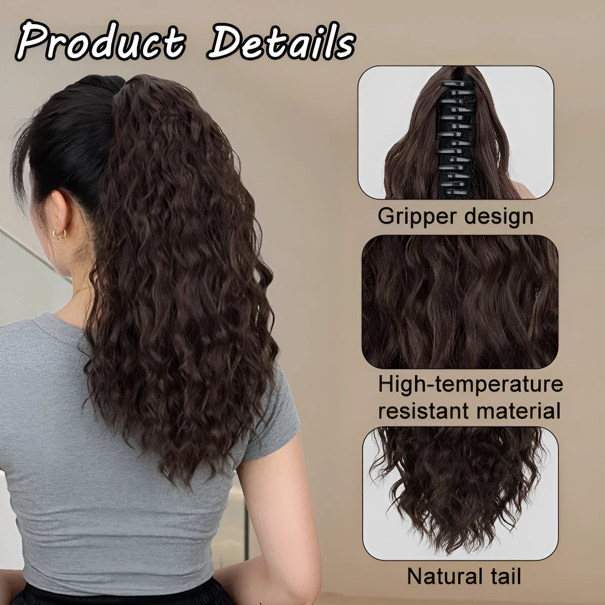 Corn curl synthetic wig with a water ripple grip ponytail in high temperature fibre, shown in colour 1B.