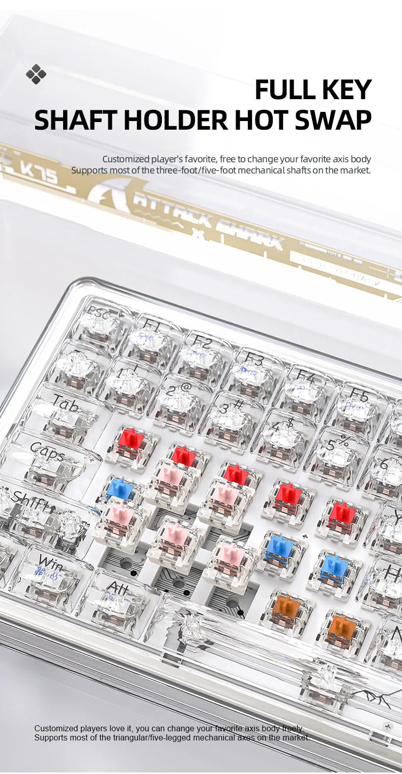 Attack Shark K75RGB wireless mechanical keyboard with transparent case and RGB lighting