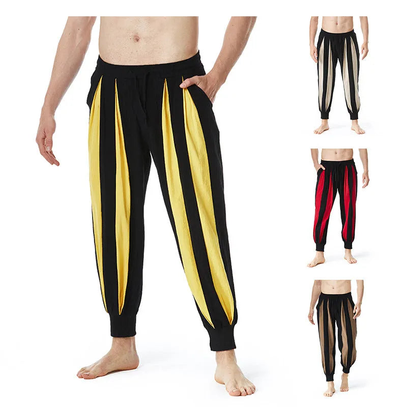 Men's straight-leg casual trousers in brown, khaki, red, or yellow colour options.