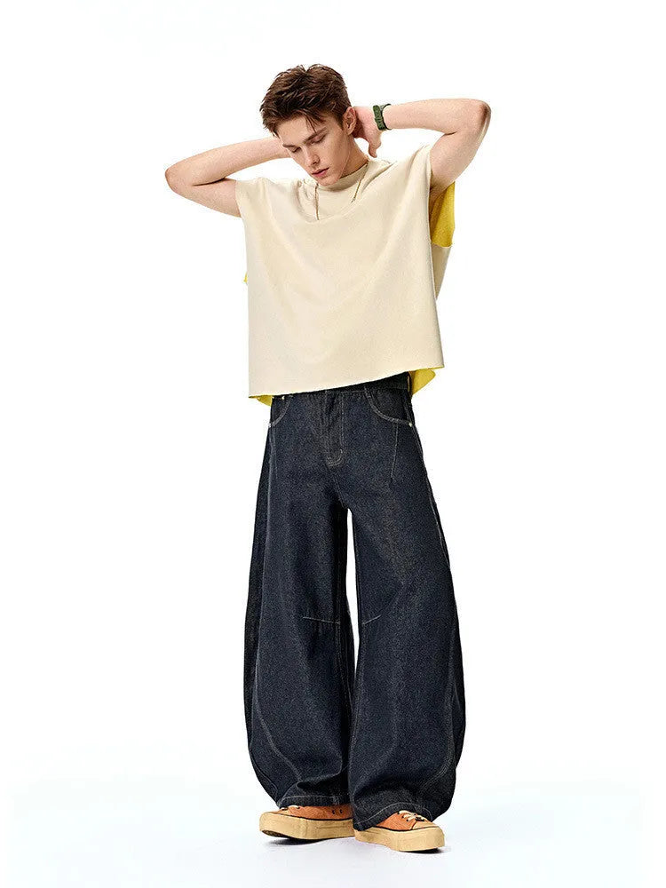 Men's wide leg denim trousers in original cow colour with American fashion styling