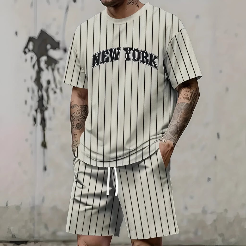3D printed letter personality male suit set with short sleeve top and matching shorts in polyester