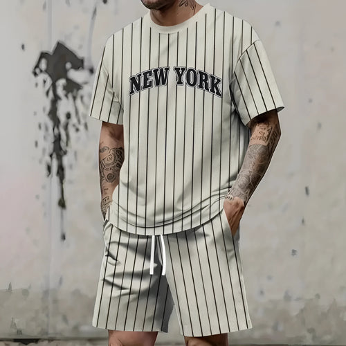 3D printed letter personality male suit set with short sleeve top and matching shorts in polyester
