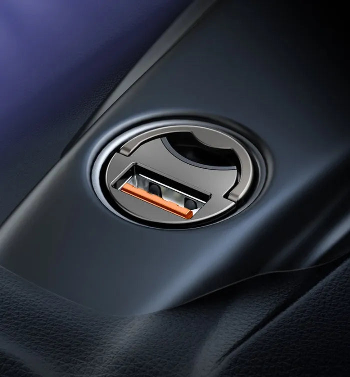 Baseus electro-optical grey 30W PPS car charger with 1 metre attached cable plugged into vehicle lighter socket