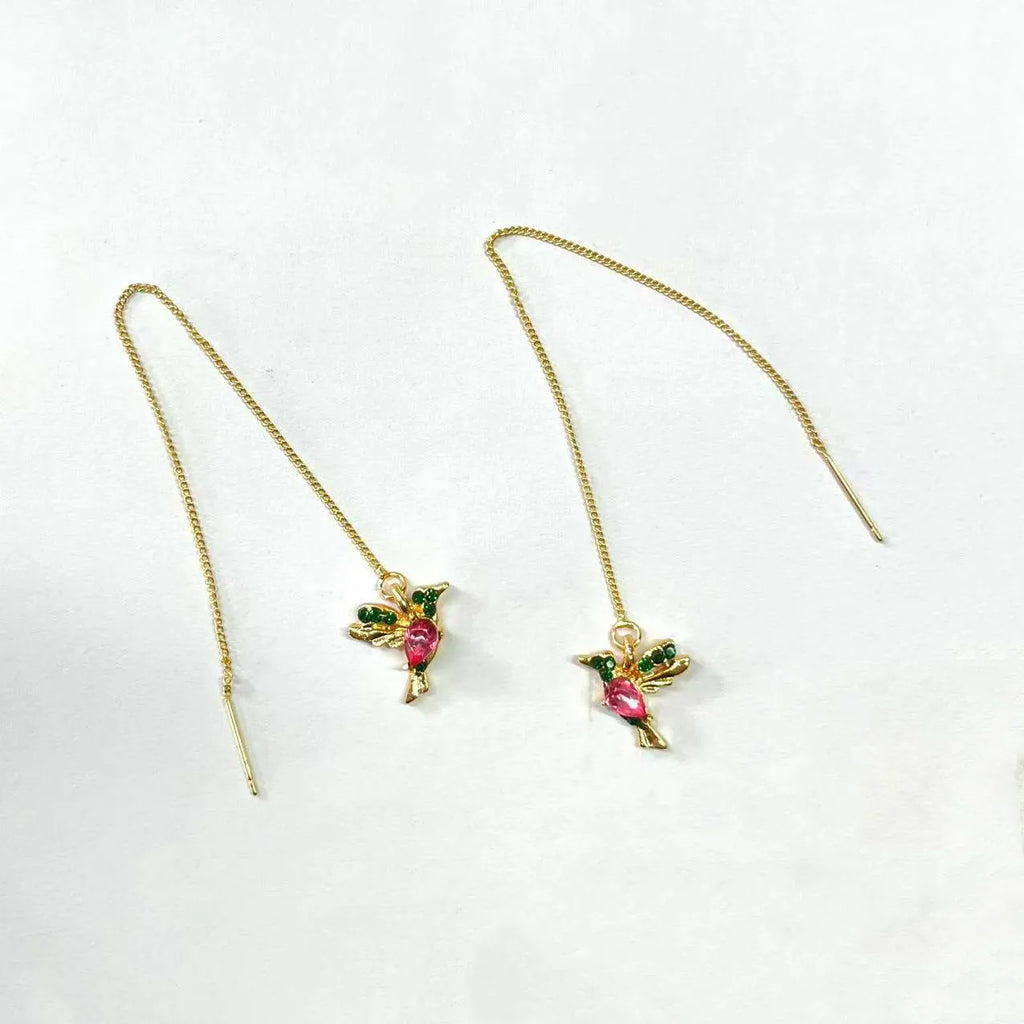 Bird hanging long drop earrings with mixed zirconium wings in blue, red, and red lvzuan colour options