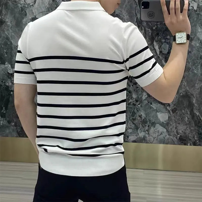 Black and white striped knitted T-shirt with a lapel collar, shown as a pullover.