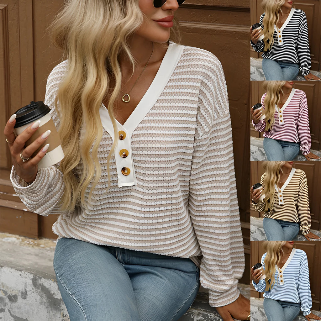 Women's loose fit V-neck long sleeve pullover top with patchwork design in apricot colour
