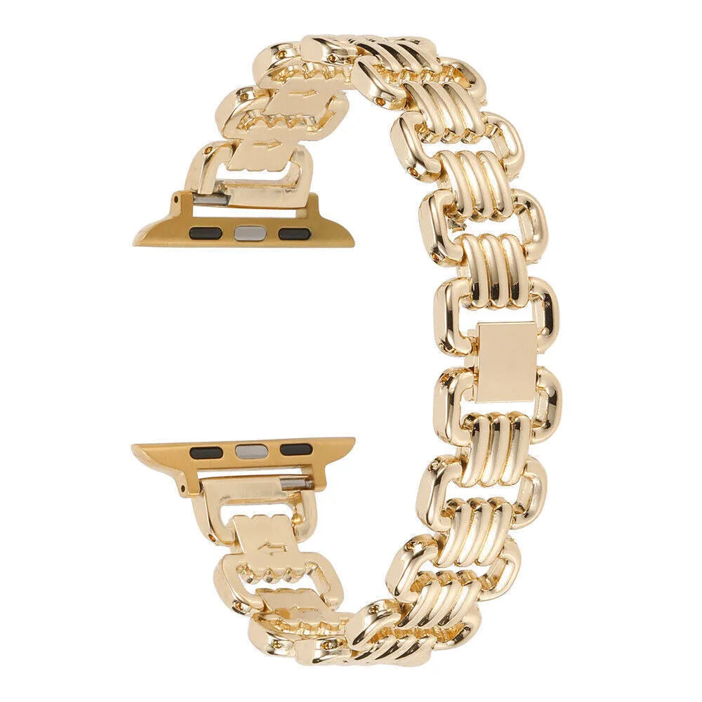 Metal alloy Apple Watch bracelet in silver colour showing band details and connector